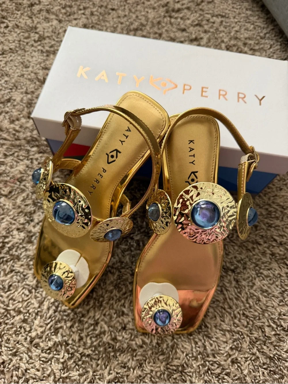 Katy Perry Collections Gold Metallic Sandals with Blue Jewel Accents - Picture 6 of 10